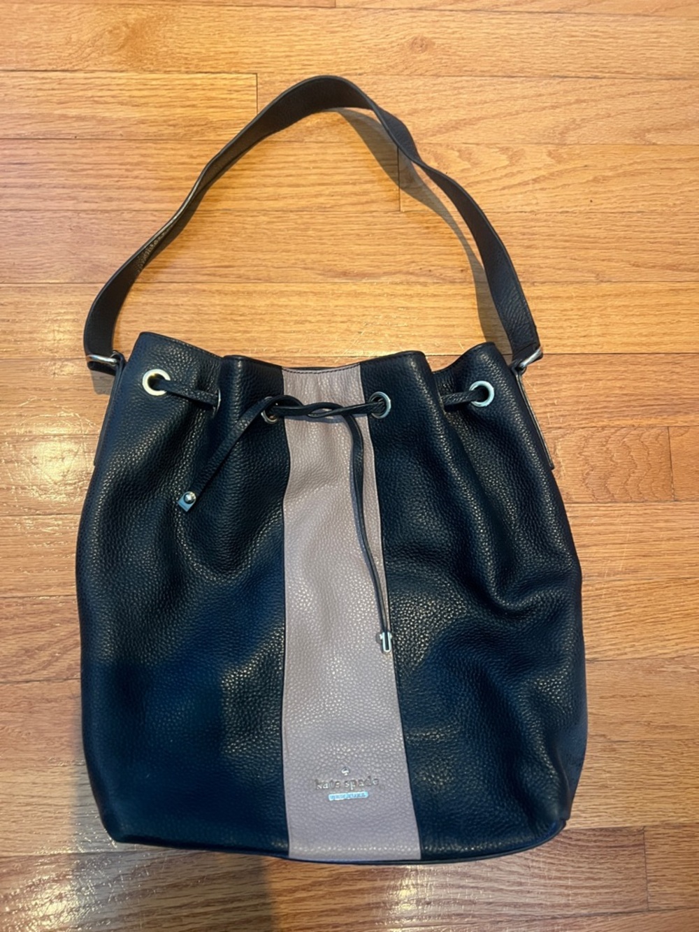 kate spade Black and Taupe Pebbled Leather Drawstring Bucket Bag